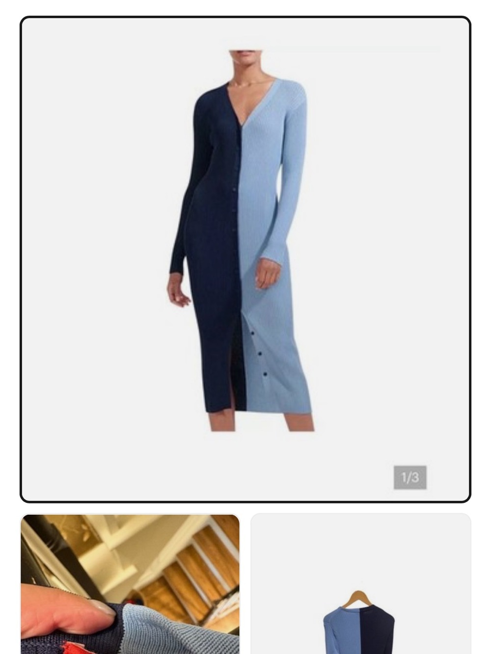 Staud Shoko Teo-Tone Navy and Light Blue Ribbed Button-Front Midi Dress